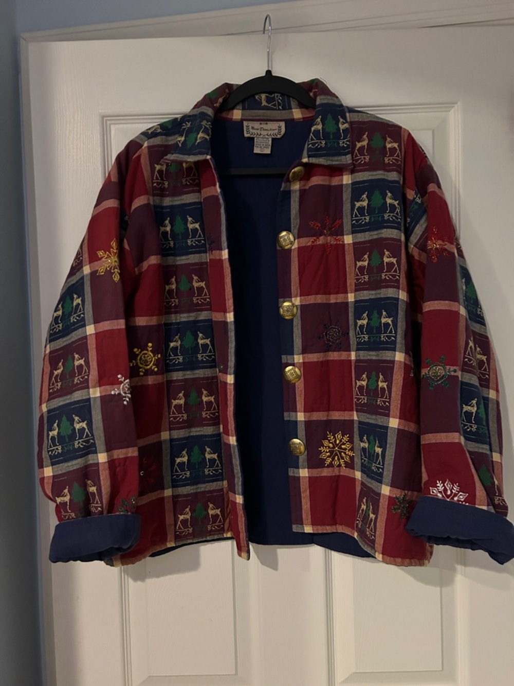 Cottagecore Navy Cotton Shaket  Patterned deer  Christmas comfy western boho